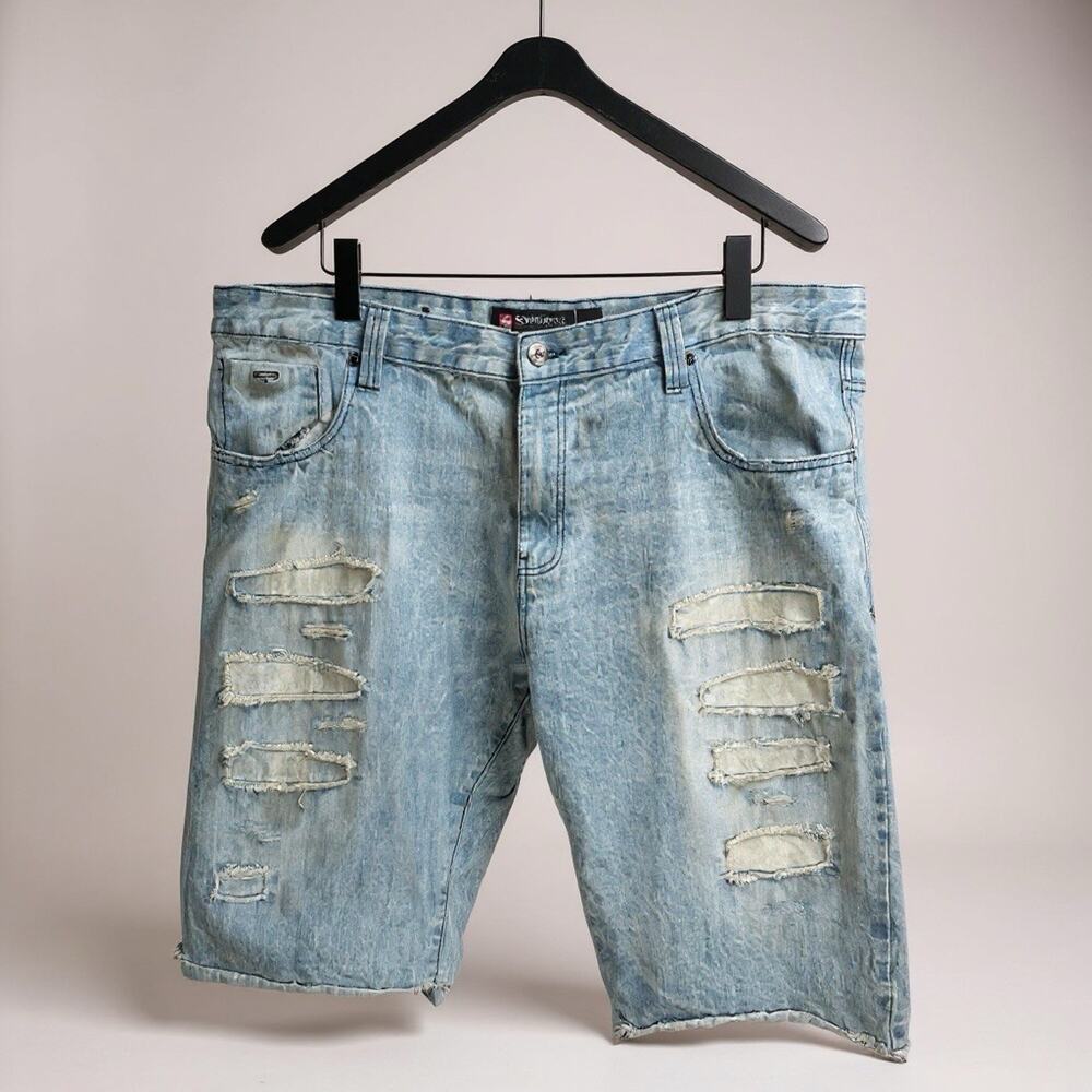 Southpole Jorts Jean Shorts Men's 44 Blue Denim Distressed Light Wash Raw Hem